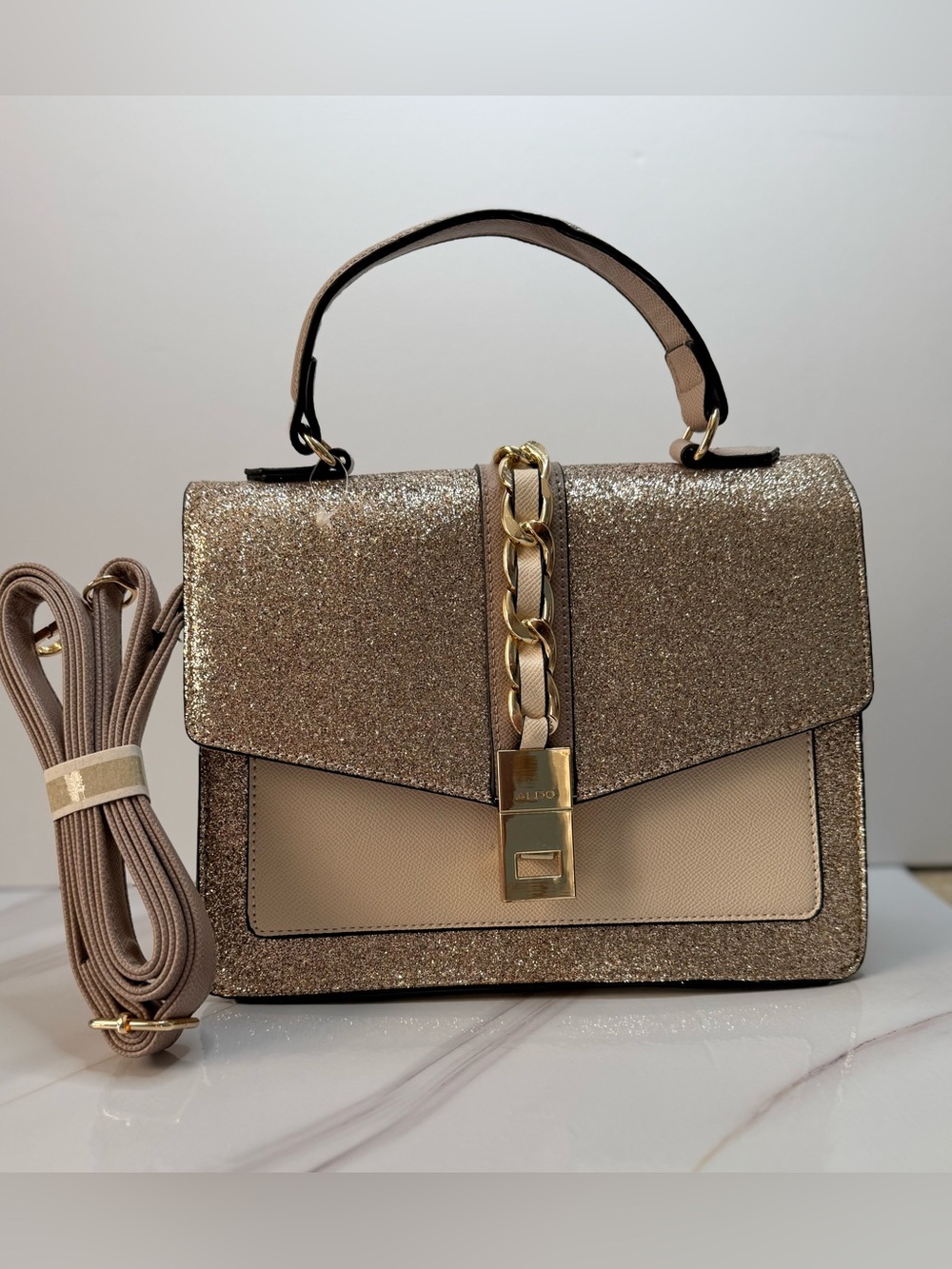 ALDO AnnieBrook Glitter Satchel Gold & Cream Handbag NWT